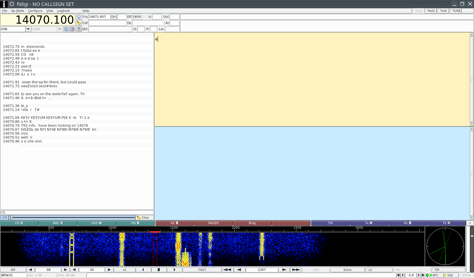 fldigi running PSK31 with an active waterfall. The interface is more compact than WSJT-X — fits the PicoCalc 320×320 display tolerably with the waterfall, decoded text, and TX buffer all visible at…
