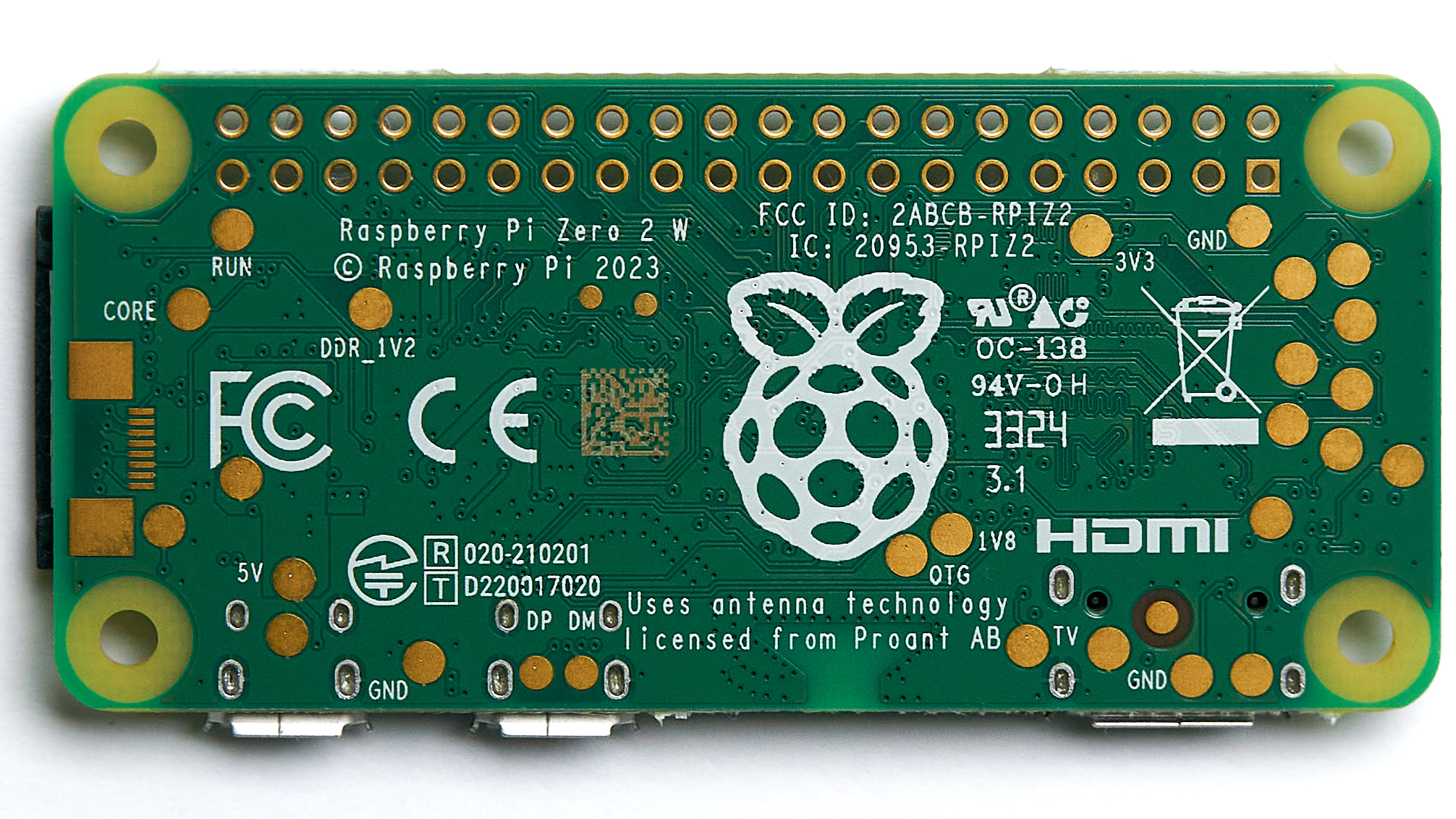 Raspberry Pi Zero 2 W. Quad-core Cortex-A53 SoC, 512 MB LPDDR2 RAM, 2.4 GHz Wi-Fi 4 + BLE 4.2, micro-USB OTG, mini-HDMI, microSD slot. Same physical form factor as the Pi Zero / Pi Zero W.