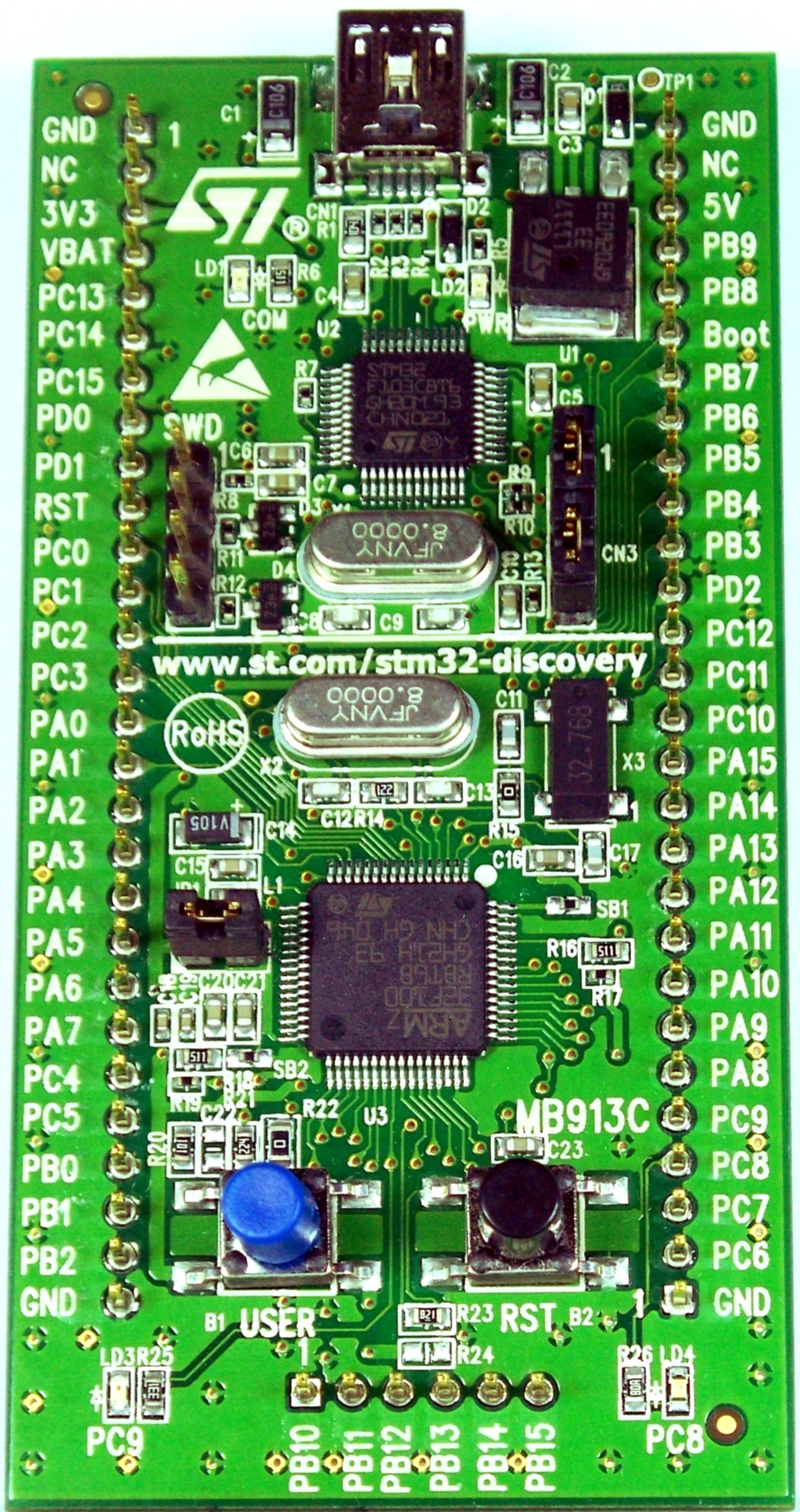 An STM32 Discovery board, showing a representative STM32F1 series MCU in the LQFP package family used on the PicoCalc carrier. The PicoCalc's U2 is the same architecture, in LQFP-64.