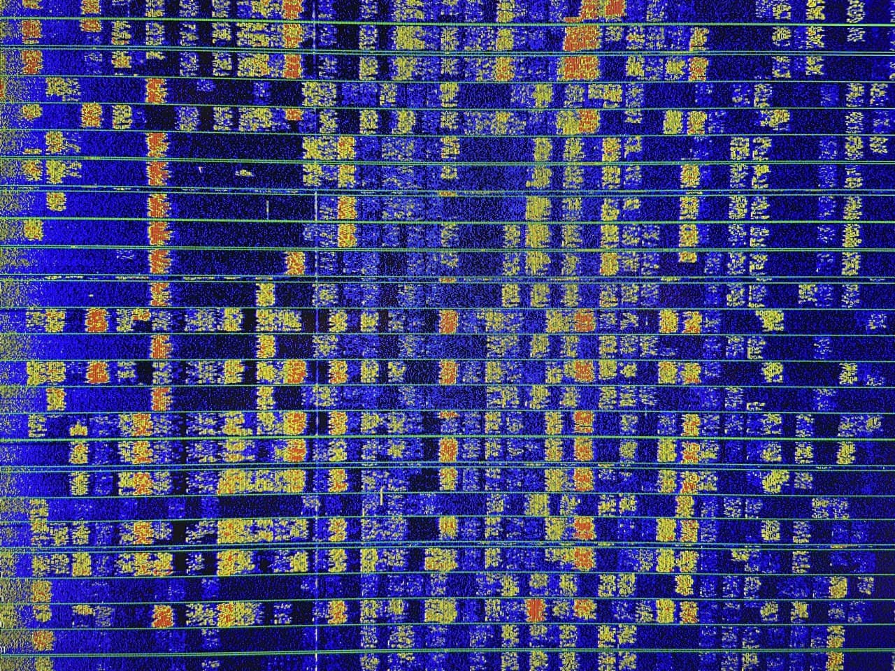 WSJT-X waterfall display showing FT8 traffic. The waterfall is the primary mode-of-operation visual; the 320×320 PicoCalc display shows it but with limited spectrum width.