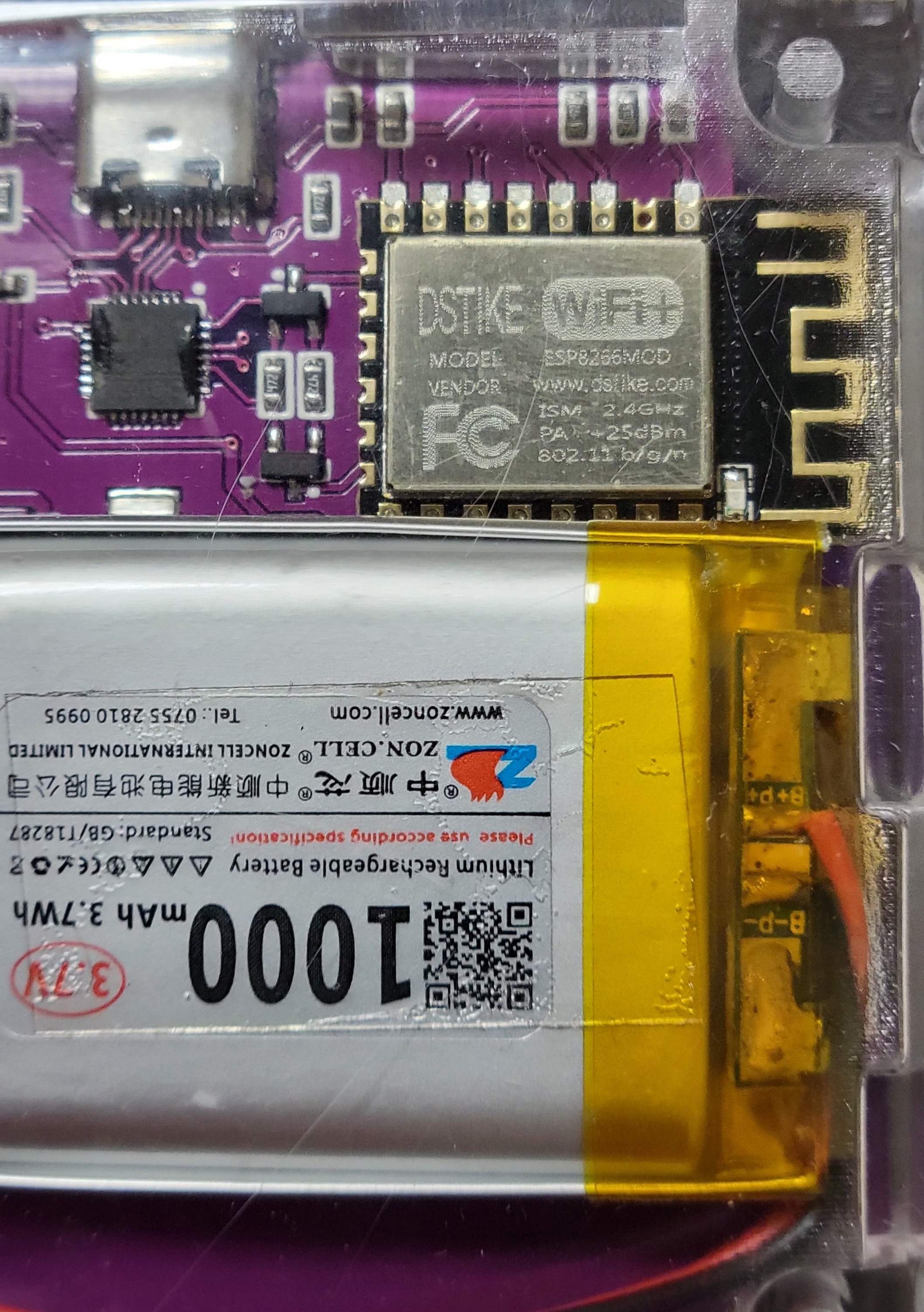 Back of Jeff's Hackheld board, showing the DSTIKE-branded ESP8266 module — silkscreen reads "DSTIKE WiFi+ · MODEL ESP8266MOD · VENDOR www.dstike.com · ISM 2.4 GHz · PA = 25 dBm · 802.11 b/g/n", FCC…