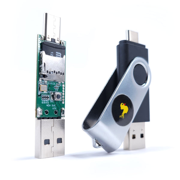 Figure 8.1 — The USB Rubber Ducky (Mark II). The canonical keystroke-injection device — a flash-drive form factor housing a microcontroller, a microSD slot, a button, and an LED. Photo: Hak5 (shop.…
