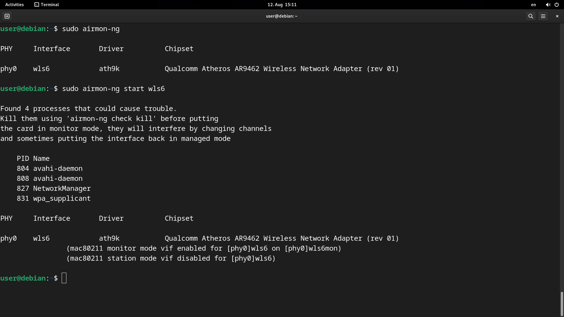 Output of airmon-ng enabling monitor mode on a Wi-Fi adapter — the canonical first command of any practical Wi-Fi audit workflow. The "monitor mode enabled" line is the gate every subsequent captur…