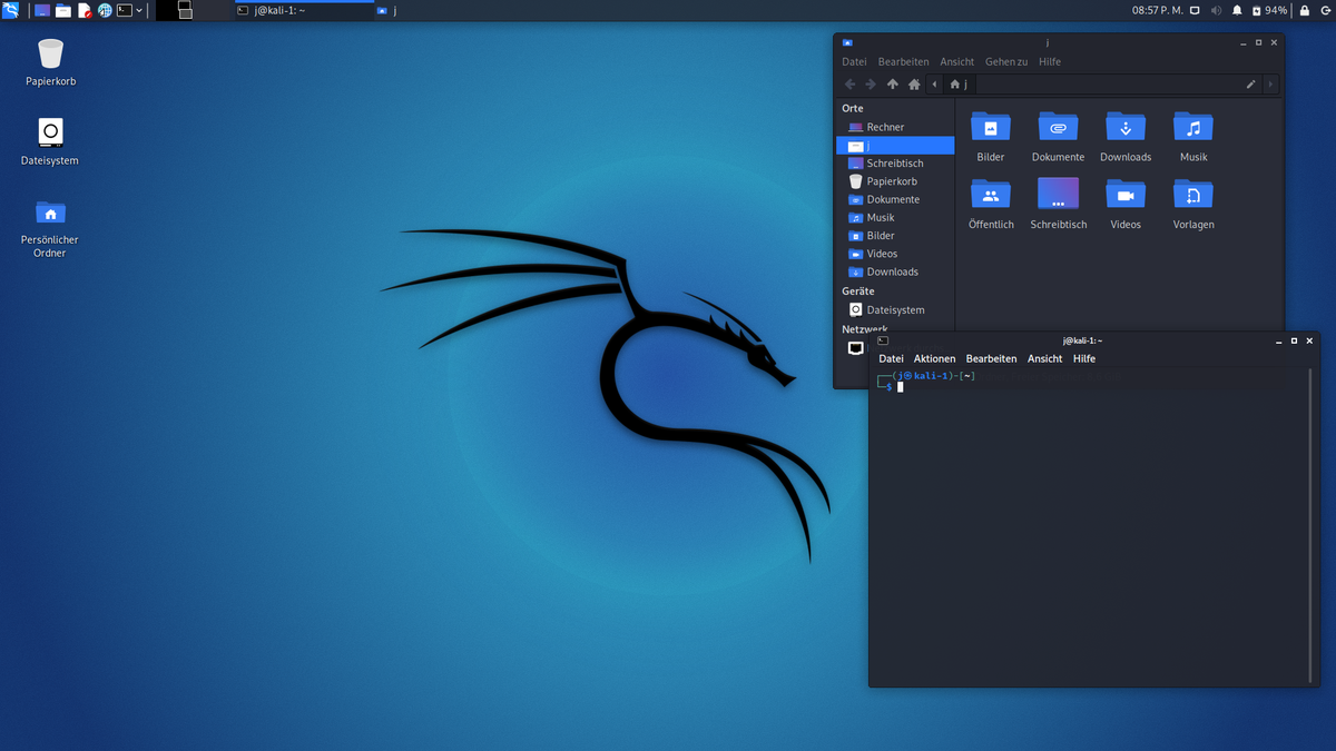 Kali Linux 2021.2 desktop running the Xfce desktop environment. Kali is the canonical pentest-distribution Linux build, maintained by Offensive Security; it ships with several hundred pre-configure…