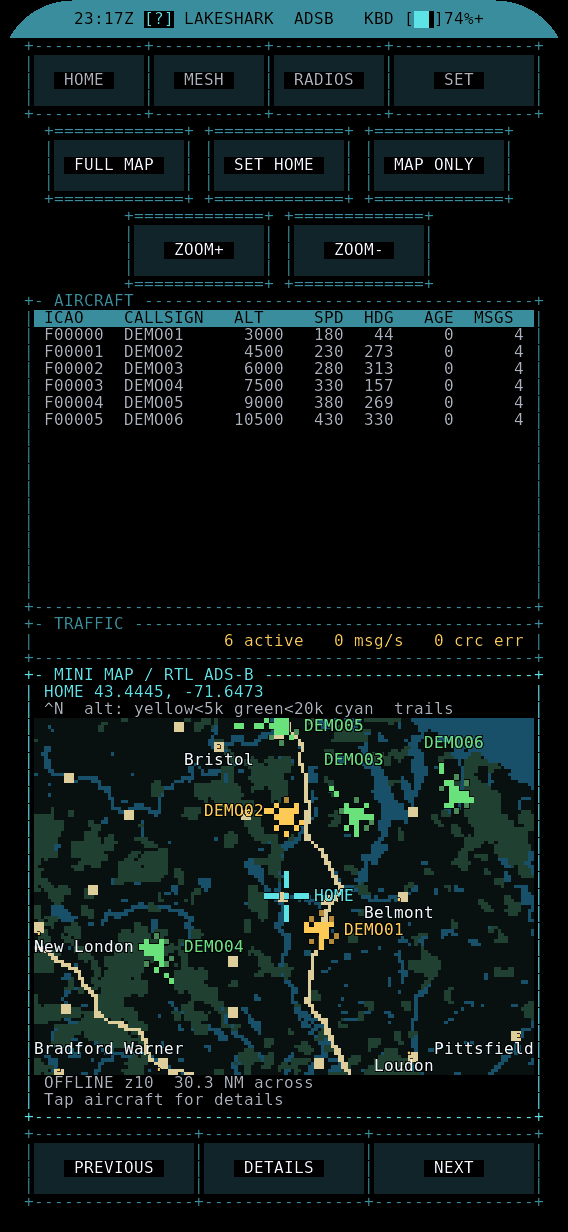 Figure 1 — ADS-B traffic on LakeShark: live aircraft list, headings, and an offline mini-map.