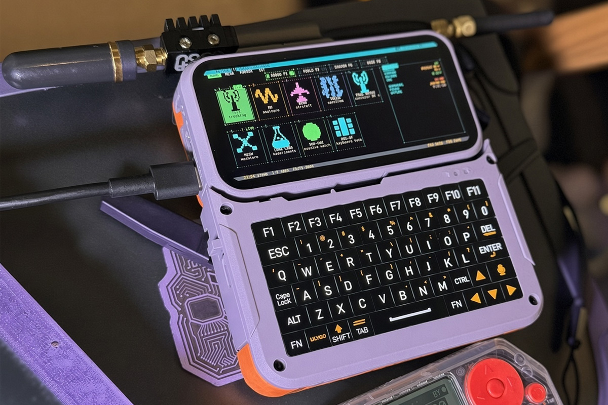 Figure 2 — A T-Display P4 running LakeShark — the 4.1-inch AMOLED showing the launcher. Photo: CNX-Software.