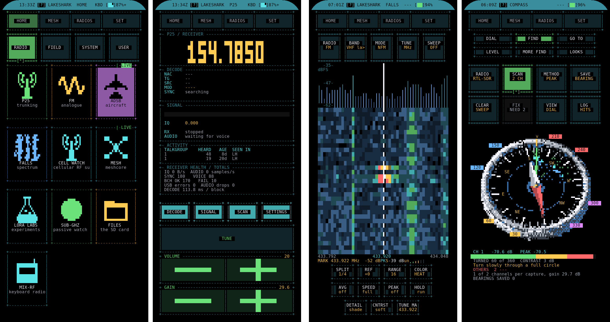 Figure 3 — A collage of LakeShark screens — launcher, P25 decode, waterfall, and the compass/DF view. Photo: CNX-Software.