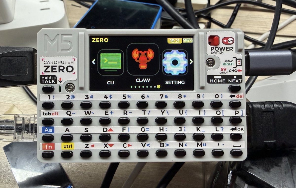 Figure 2 — 1 — M5Stack CardputerZero front view: the 46-key QWERTY, the 1.9″ 320×170 LCD running the on-device launcher (CLI / CLAW / SETTING), the power switch and USB-C. Photo: CNX Software (cnx-so…