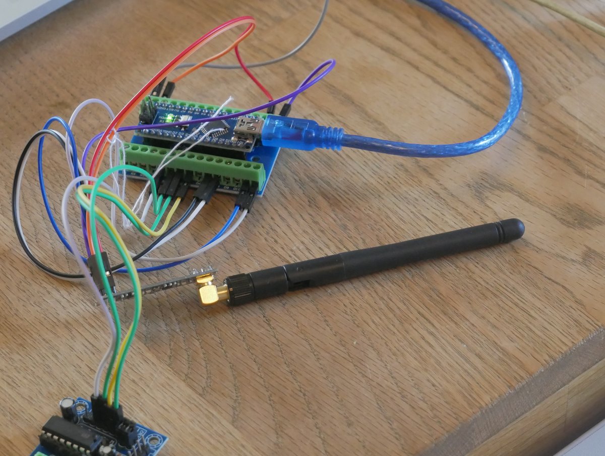 A bare NRF24L01+ breakout module — the same silicon, in the standard breakout form. The nyanBOX carries three of these in the compact "GTmini" layout (§ 2.2). The PCB-trace antenna visible here is …