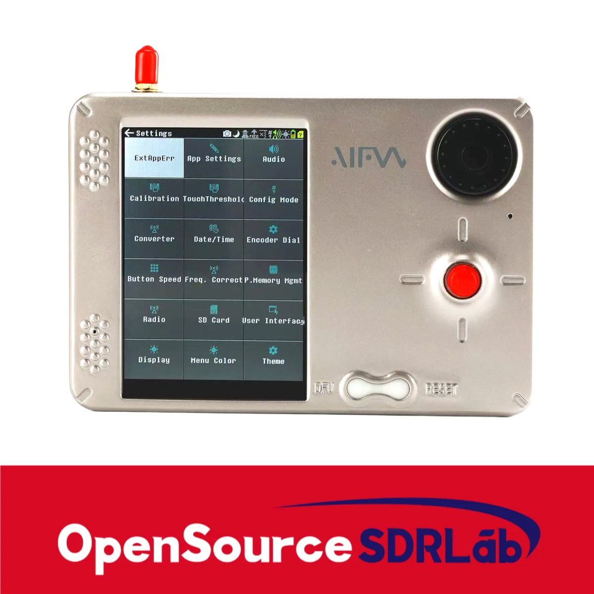 Figure 4.1 — The PortaRF UI hardware, showing a Mayhem Settings menu on the TFT. The control cluster is visible on the right: the rotary encoder (top), the directional cluster around a central butt…