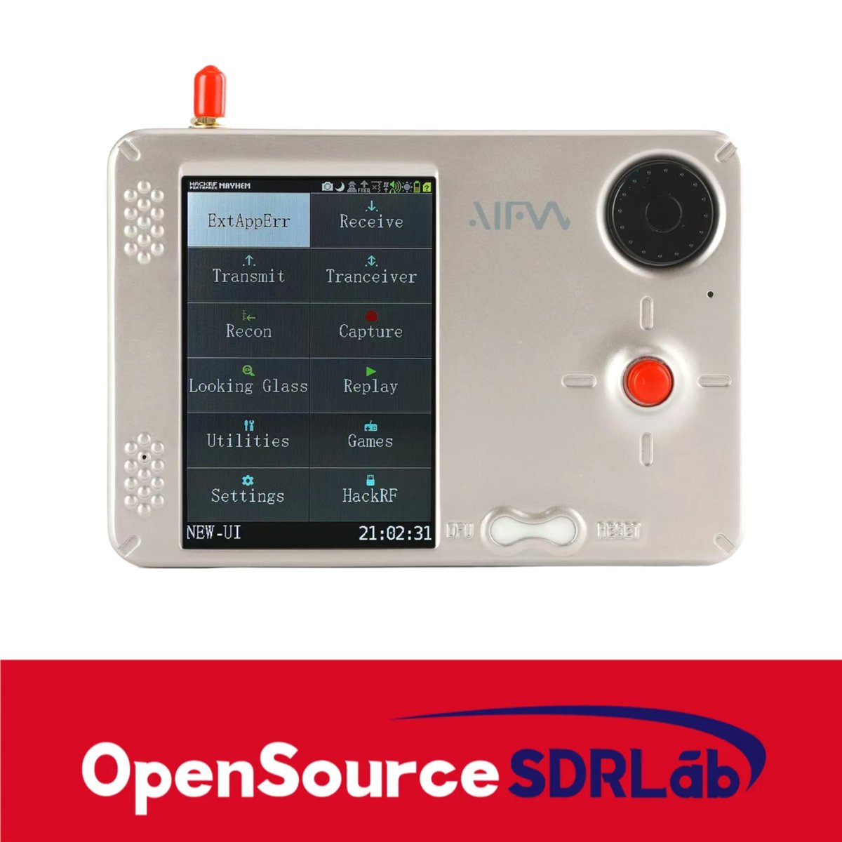 Figure 1.1 — The OpenSourceSDRLab PortaRF. A HackRF-class SDR, a PortaPack-class TFT + encoder + button interface, and a battery in a single handheld enclosure — shown here running the Mayhem firmw…