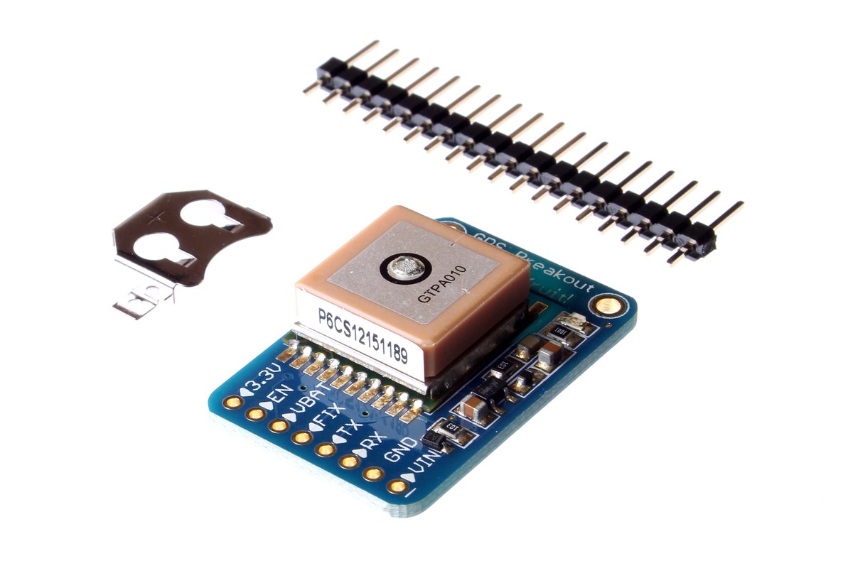 A representative GPS receiver module — the kind of UART or USB unit the gps plugin attaches to. The Adafruit Ultimate GPS Breakout pictured uses an MTK3339 chipset and exposes a TTL-serial interfac…