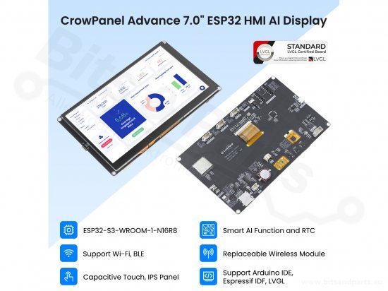 Figure 10 — Elecrow CrowPanel Advance 7.0, front and back; SquachWatch draws its small-screen layout doubled on this 800×480 panel. Image: Elecrow product image, via Bits & Parts.