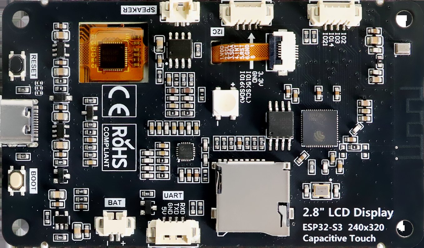 Figure 7 — The back of Freenove's ESP32-S3 2.8" display (FNK0104B): capacitive touch, SDMMC card slot, and BAT/speaker/UART connectors. Image: Freenove, FreenoveESP32S3Display repository.