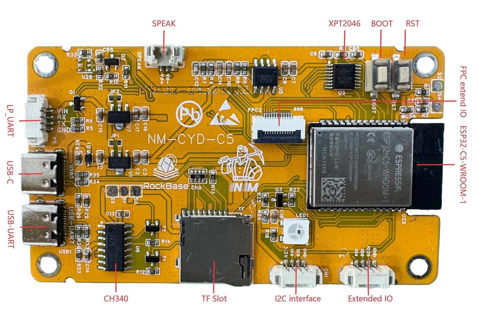 Figure 8 — The RockBase NM-CYD-C5, labelled: an ESP32-C5-WROOM-1 (the board that adds 5 GHz scanning), dual USB-C, TF slot, I²C and extended-IO connectors. Image: RockBase-iot, NM-CYD-C5 repository.