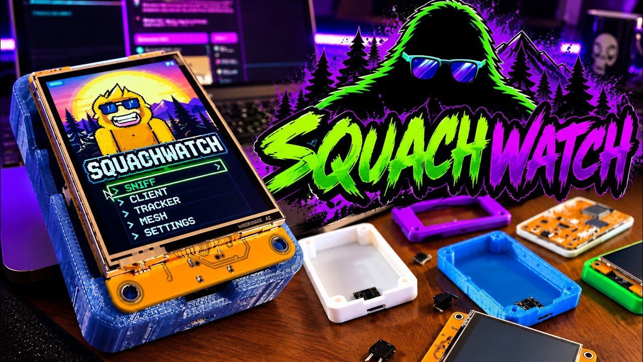 Figure 4 — A CYD running SquachWatch in a printed blue case, surrounded by other community case prints. Image: Zeek, "The Perfect CYD Project For EVERYONE", YouTube thumbnail (youtube.com/watch?v…