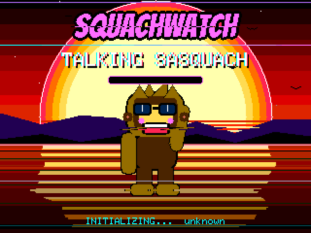 Figure 5 — SquachWatch booting, Squachy on the synthwave sunset, a Flock camera detection card and a visiting SquachWatch walking on. Image: SquachWatch-CYD firmware screen capture (skizzophrenic…