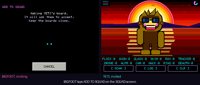 Figure 3 — Two boards pairing a squad: one taps ADD TO SQUAD, the other accepts, both show the same four digits, and the phrase crosses without being typed. Image: SquachWatch-CYD firmware screen…