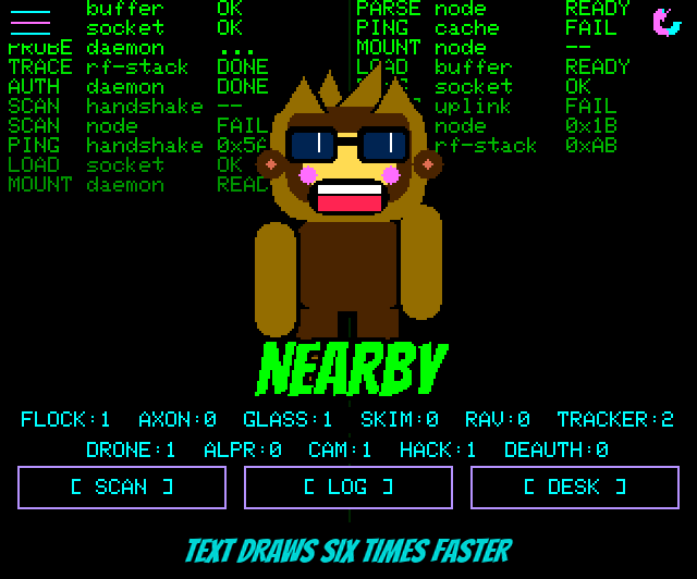 Figure 1 — The main screen: the NEARBY banner, the per-type counter rows, and the SCAN, LOG and DESK soft buttons along the bottom. Image: SquachWatch-CYD firmware screen capture (skizzophrenic, …