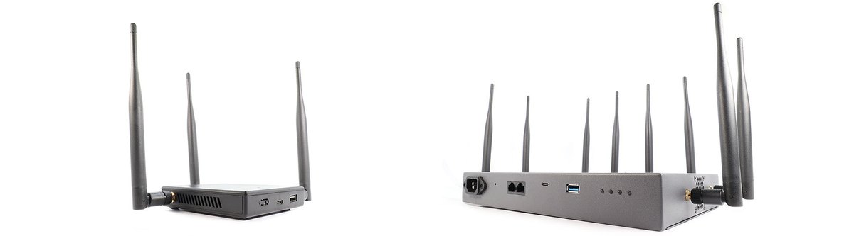 Figure 16.2 — The scale delta made physical: the Mark VII baseline puck (left) beside the Enterprise (right). Same firmware family, same PineAP engine, same web UI — but three radios versus five, a…