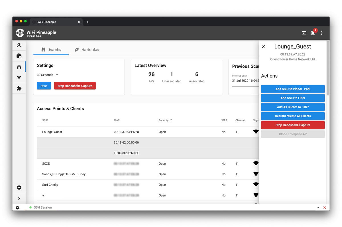 Figure 3.1 — The PineAP suite as the operator sees it: the Mark VII web UI's Recon view. The Access Points & Clients list is the passive layer (§ 4-5); the per-target action panel on the right — "A…