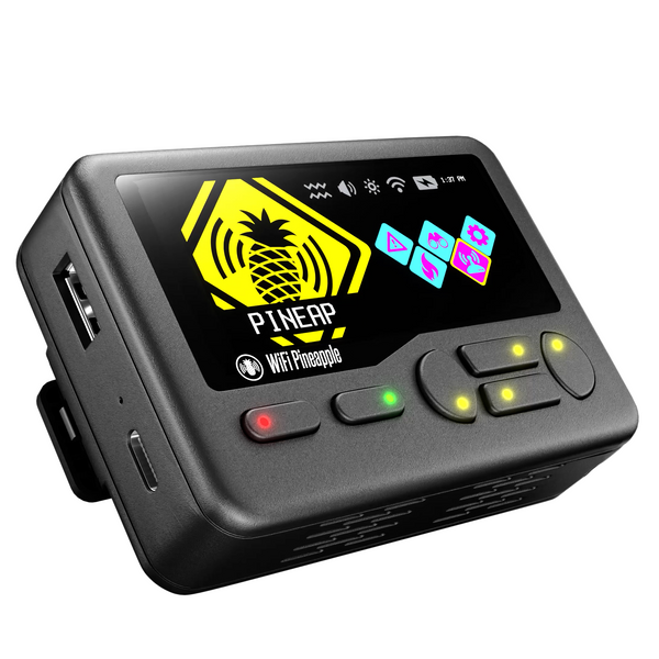 Figure 1.3 — The WiFi Pineapple Pager: the pocket member, with an on-device 2.4" display, tri-band Wi-Fi + Bluetooth, and an internal battery. Photo: Hak5 (shop.hak5.org).