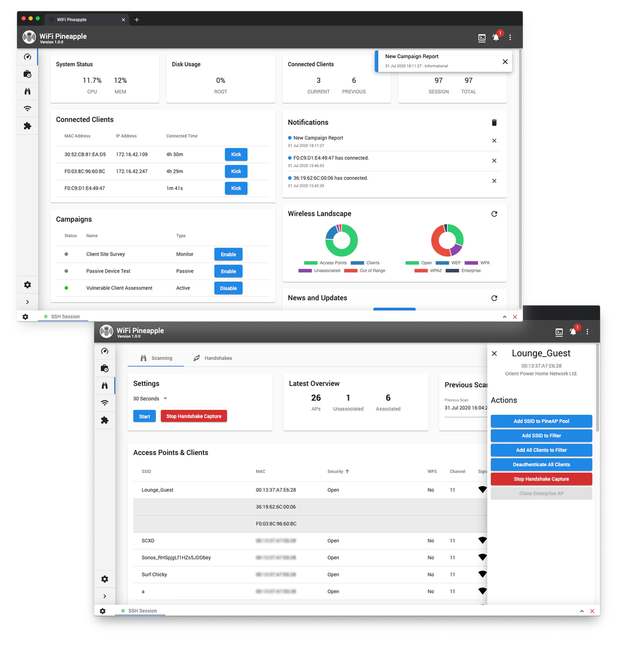 Figure 6.2 — The web UI's functional areas, illustrated: the Dashboard (top) and a Recon-style Access Points & Clients view (bottom). Recon, PineAP, Campaigns, and Modules are each their own area o…